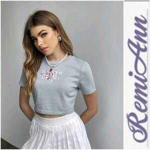 Floral & Slogan Print Crop Tee